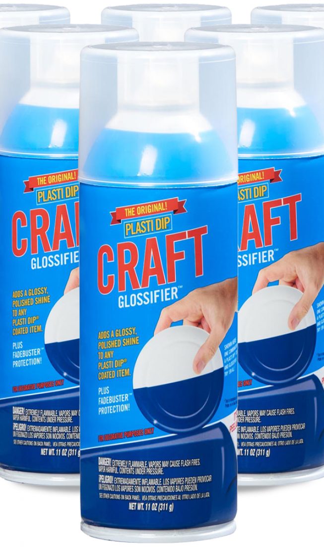Six cans of 11oz Plasti Dip Glossifier Craft fanned out in a pyramid against a white background