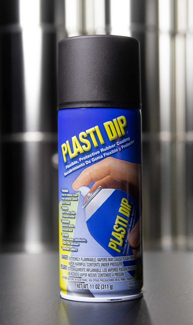 11oz can of black Plasti Dip against silver background