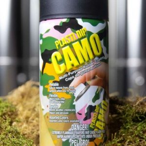 11oz can of Plasti Dip Camo staged with moss against a silver background